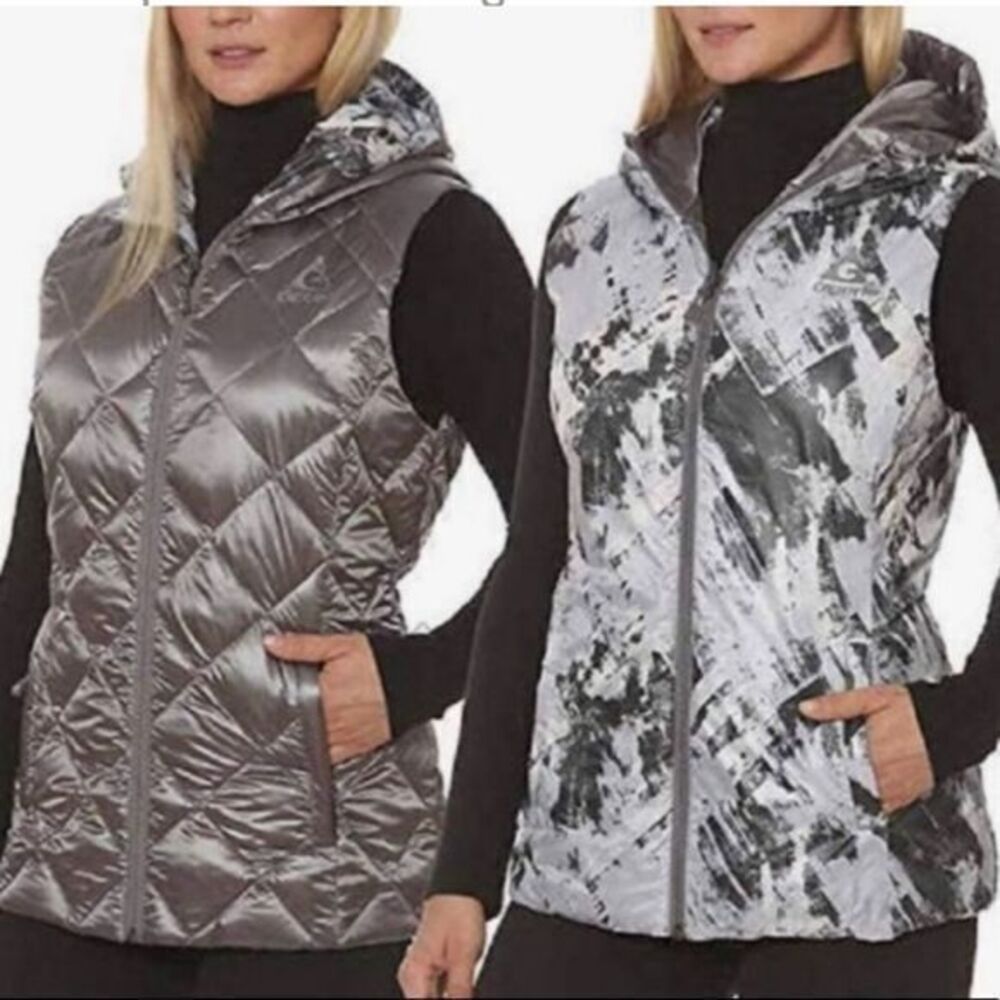 Gerry Reversible Down Hoody Vest - L gray /gray print , polyester/down 9…